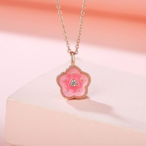 S925 sterling silver necklace, peach blossom necklace，pendant necklace，Enamel pendant，delicate gold pendant necklace for women