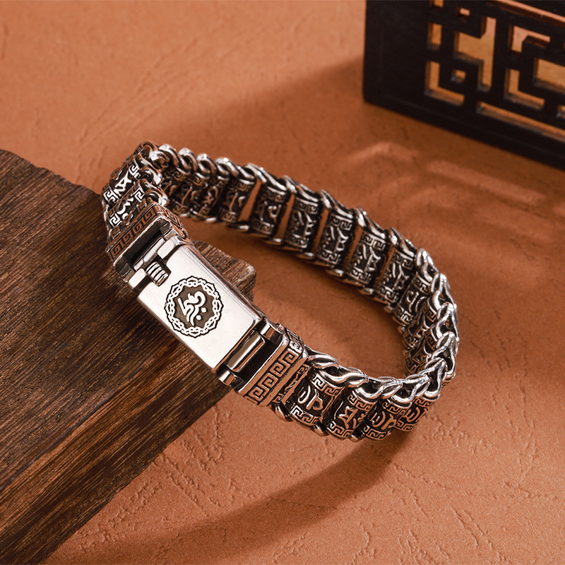 Thai silver retro, six-character mantra around the wrist – Passepartout Shun prayer wheel bracelet, Ruyi literary and artistic, unisex, good gifts!