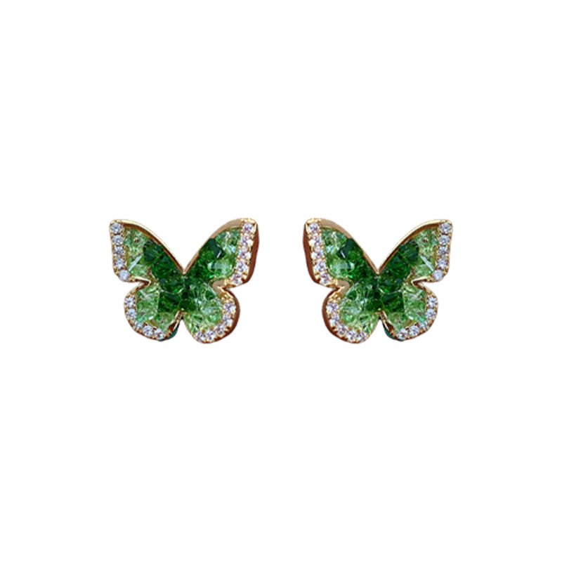 Real gold electroplated silver needles, zircon crystal butterfly earrings: feel the green and fresh high-end fashion sense!