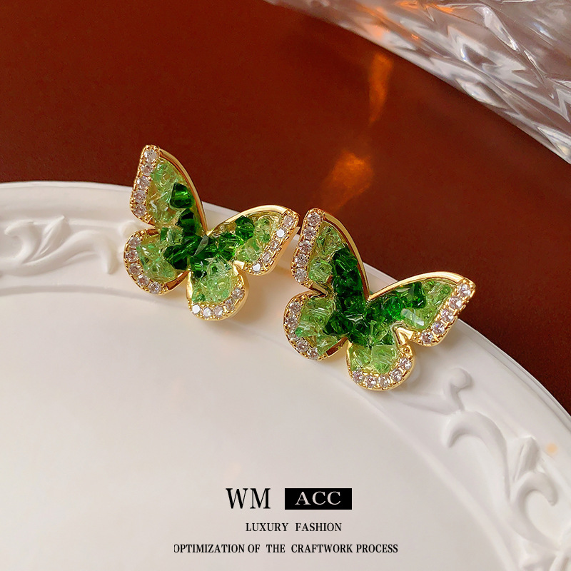 Real gold electroplated silver needles, zircon crystal butterfly earrings: feel the green and fresh high-end fashion sense!