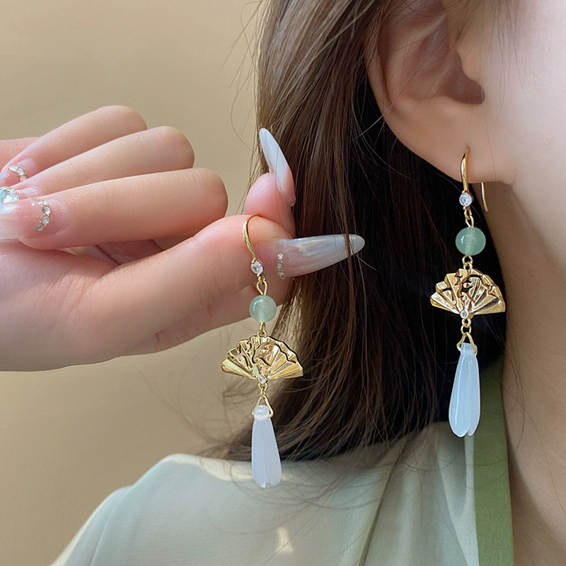 Real gold electroplated fan jade zircon ear hooks, elegant and fashionable earrings, niche high-end earrings