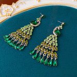 Fashionable Vintage Choice: Diamond Crystal Peacock Green Tassel Earrings, Elegant Ear Style