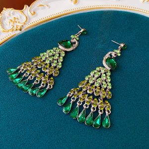 Diamond crystal peacock green tassel earrings, silver needle vintage green series earrings