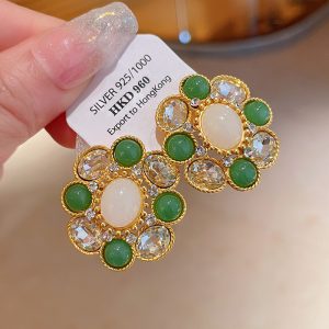 round diamond-encrusted pearl earrings, green earrings