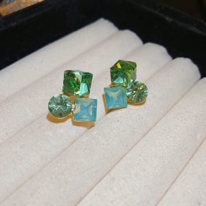 square diamond stud earrings, green earrings