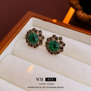 Vintage Diamond Circle Flower Stud Earrings, green earrings