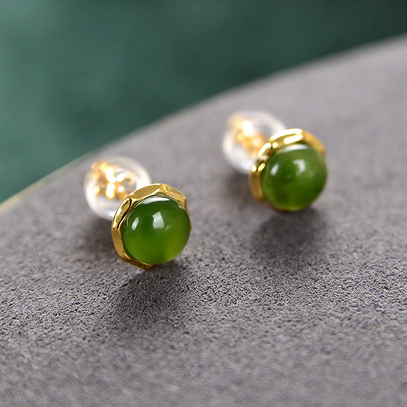 S925 sterling silver gold plated Hetian jade stud earrings