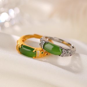 S925 sterling silver gold-plated Hetian jasper ring, hollow personalized open ring, fashionable and trendy