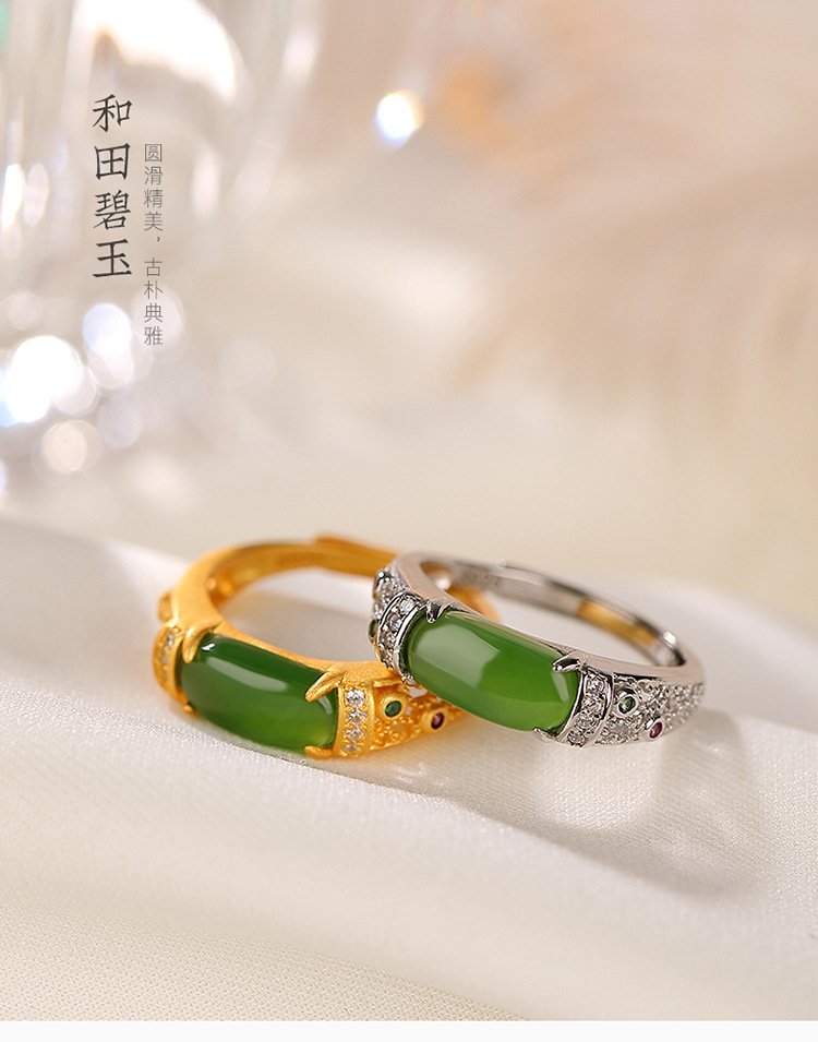 S925 sterling silver gold-plated Hetian jasper ring, hollow personalized open ring, fashionable and trendy