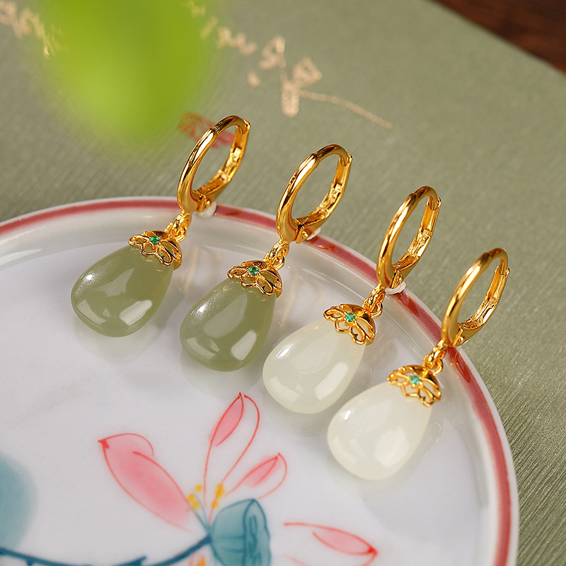 S925 sterling silver plus gold plated Hetian jade earrings